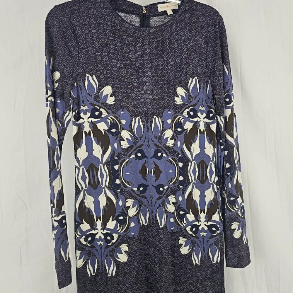 Tory Burch Flavia Blue Multicolored Long Sleeve Silk Dress Size Small